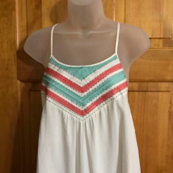 Teal Dove White Spaghetti Strap Razor Back Tank Top w/ Teal & Coral Neckline - Picture 5 of 11
